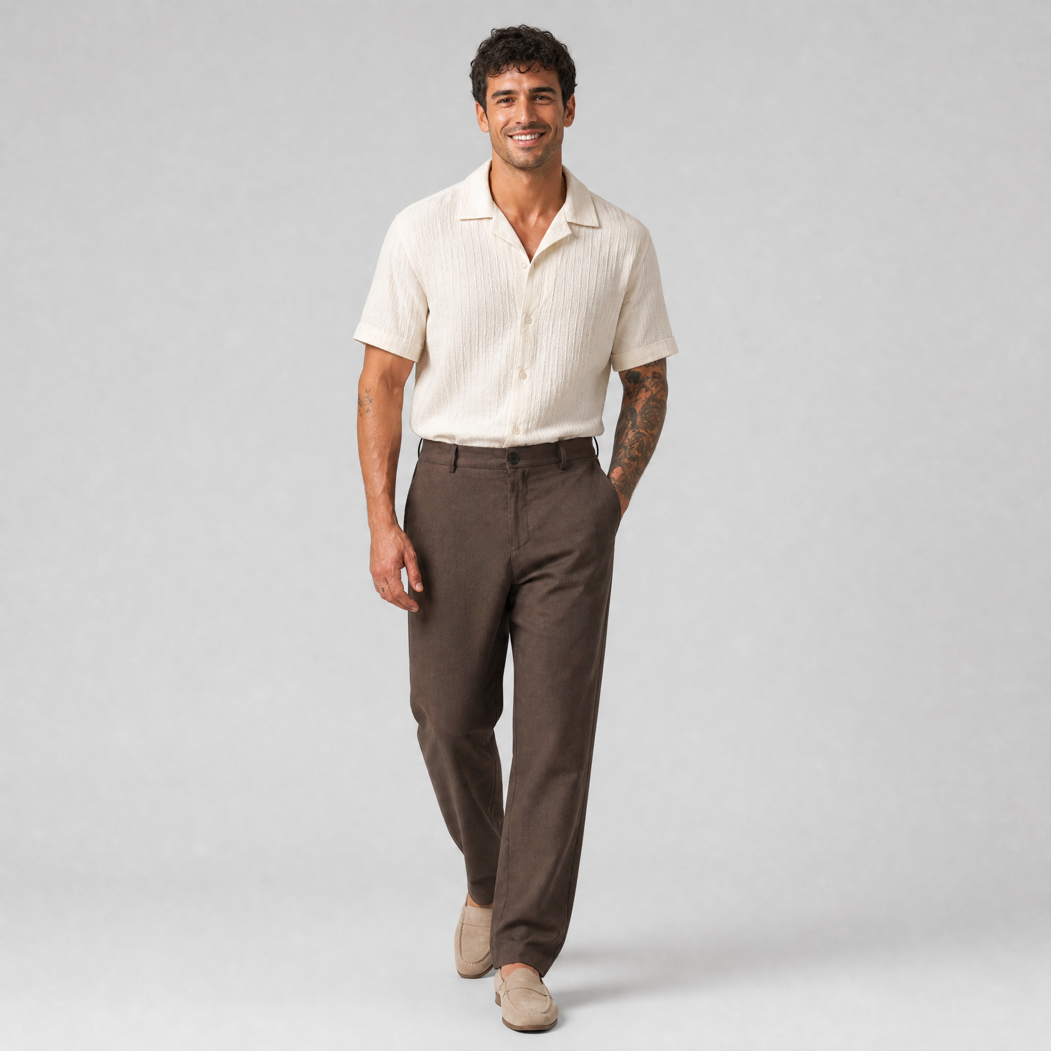 Men’s Coffee Brown Relaxed-Fit Linen-Blend Trousers
