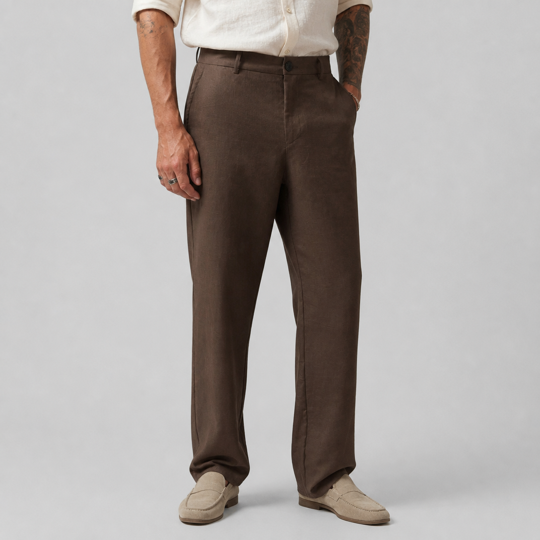 Men’s Coffee Brown Relaxed-Fit Linen-Blend Trousers