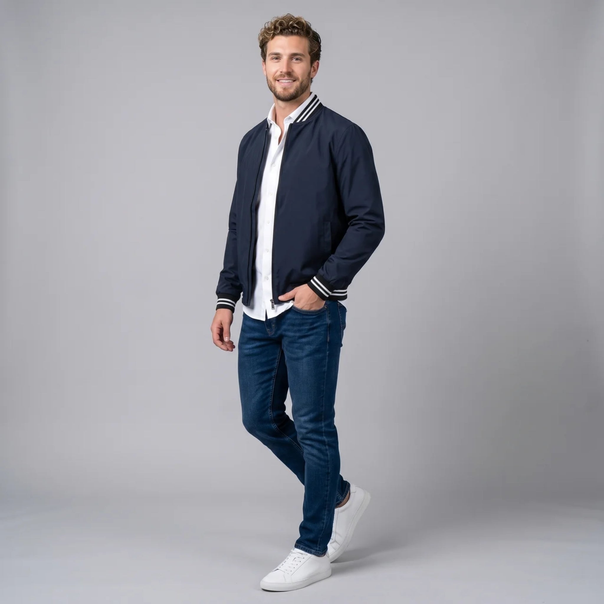 Men’s Contrast-Trim Zip-Up Bomber Jacket