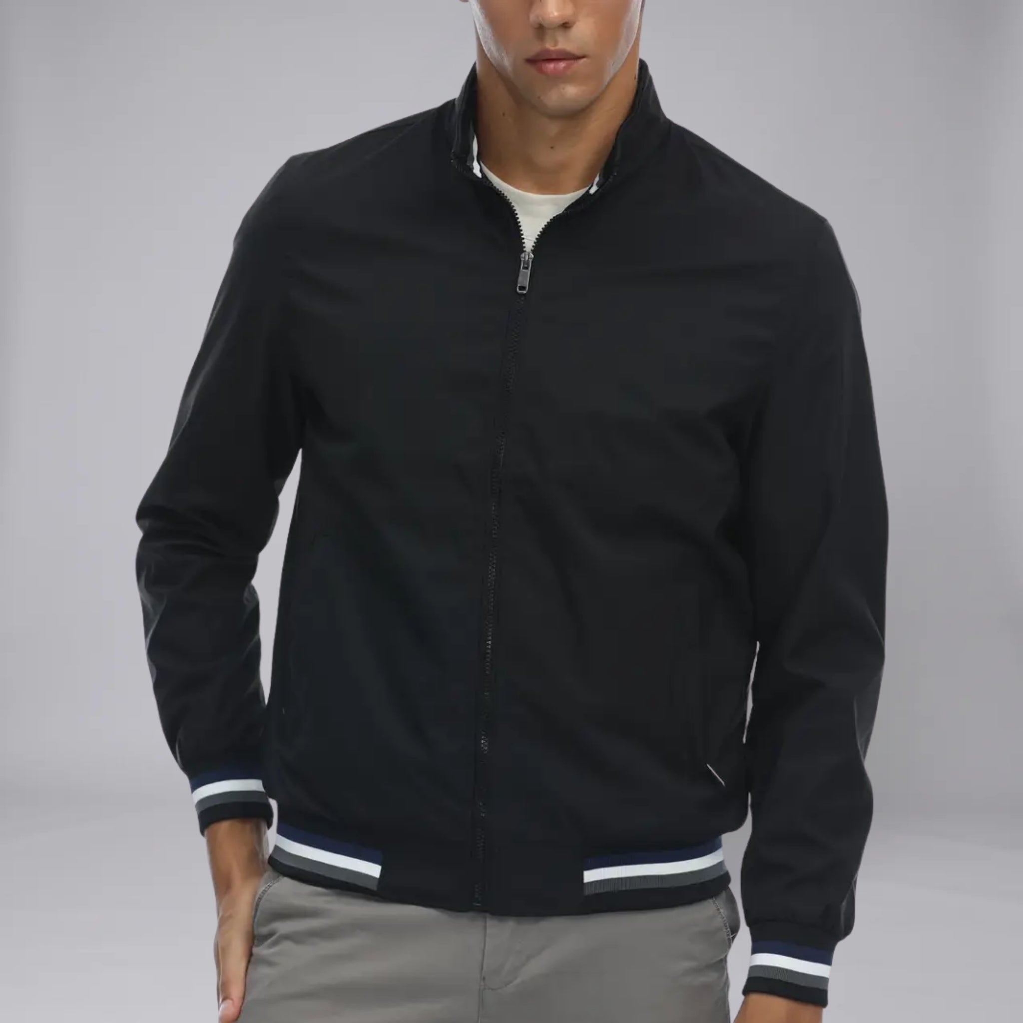 Men’s Contrast-Trim Zip-Up Bomber Jacket