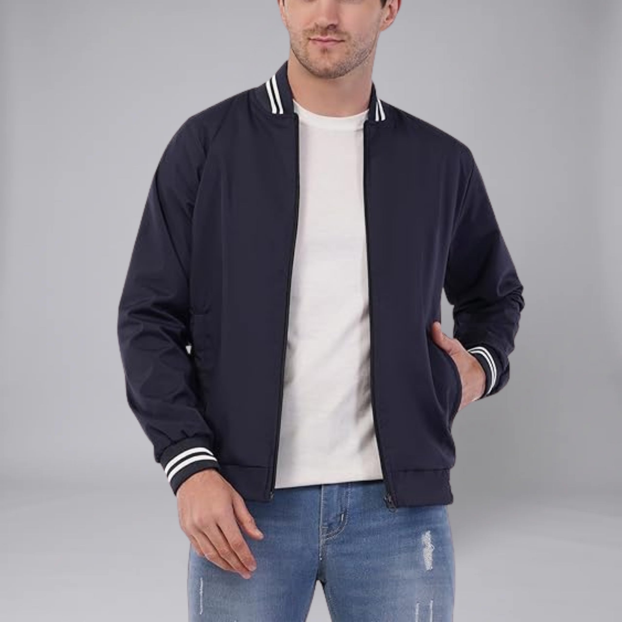 Men’s Contrast-Trim Zip-Up Bomber Jacket