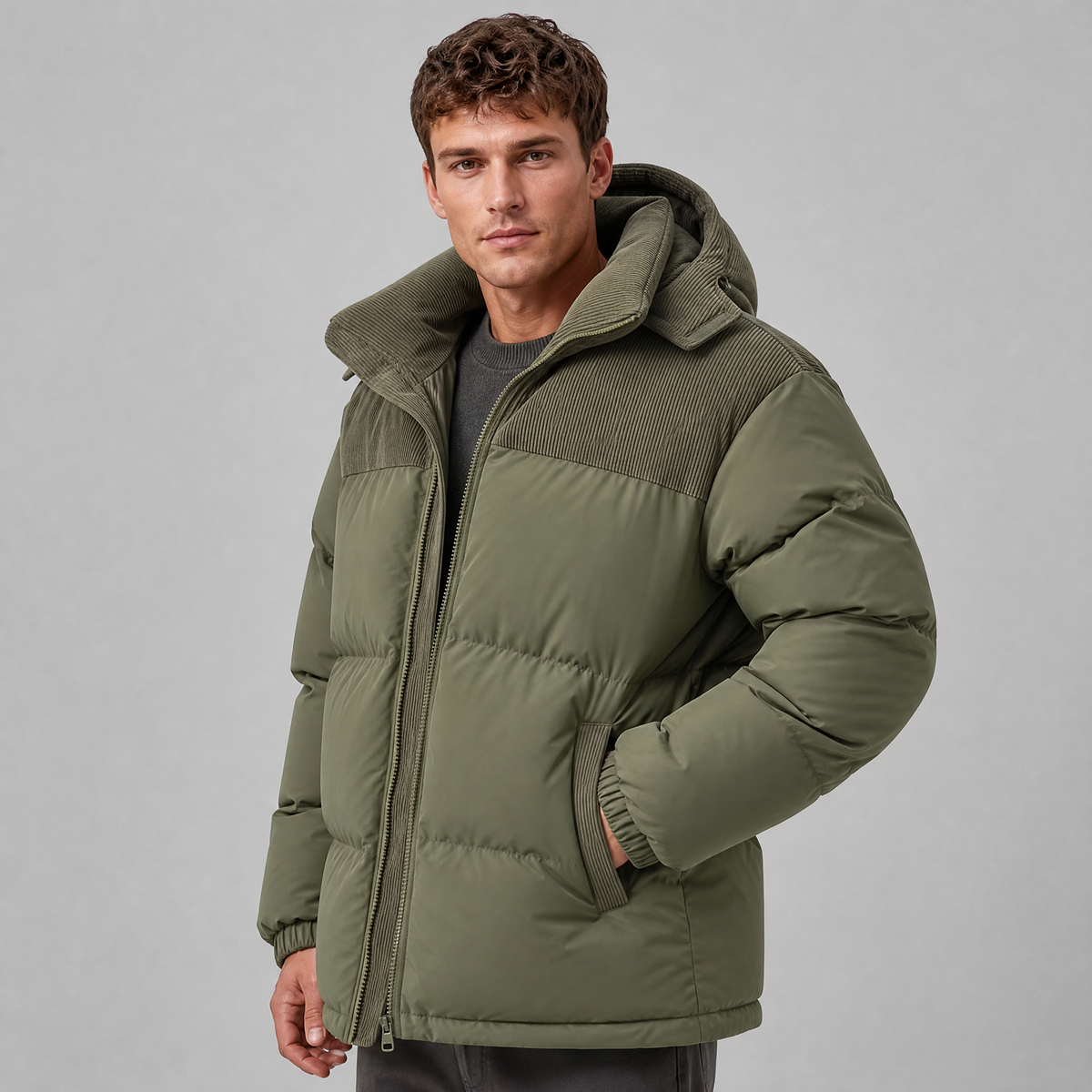 Men's Corduroy Trim Hooded Puffer Jacket