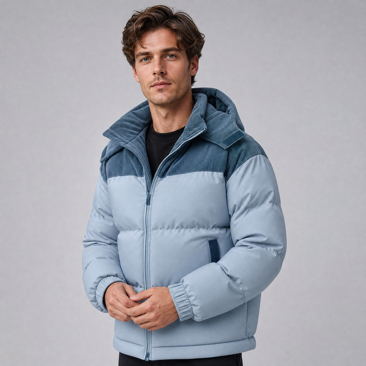 Men's Corduroy Trim Hooded Puffer Jacket