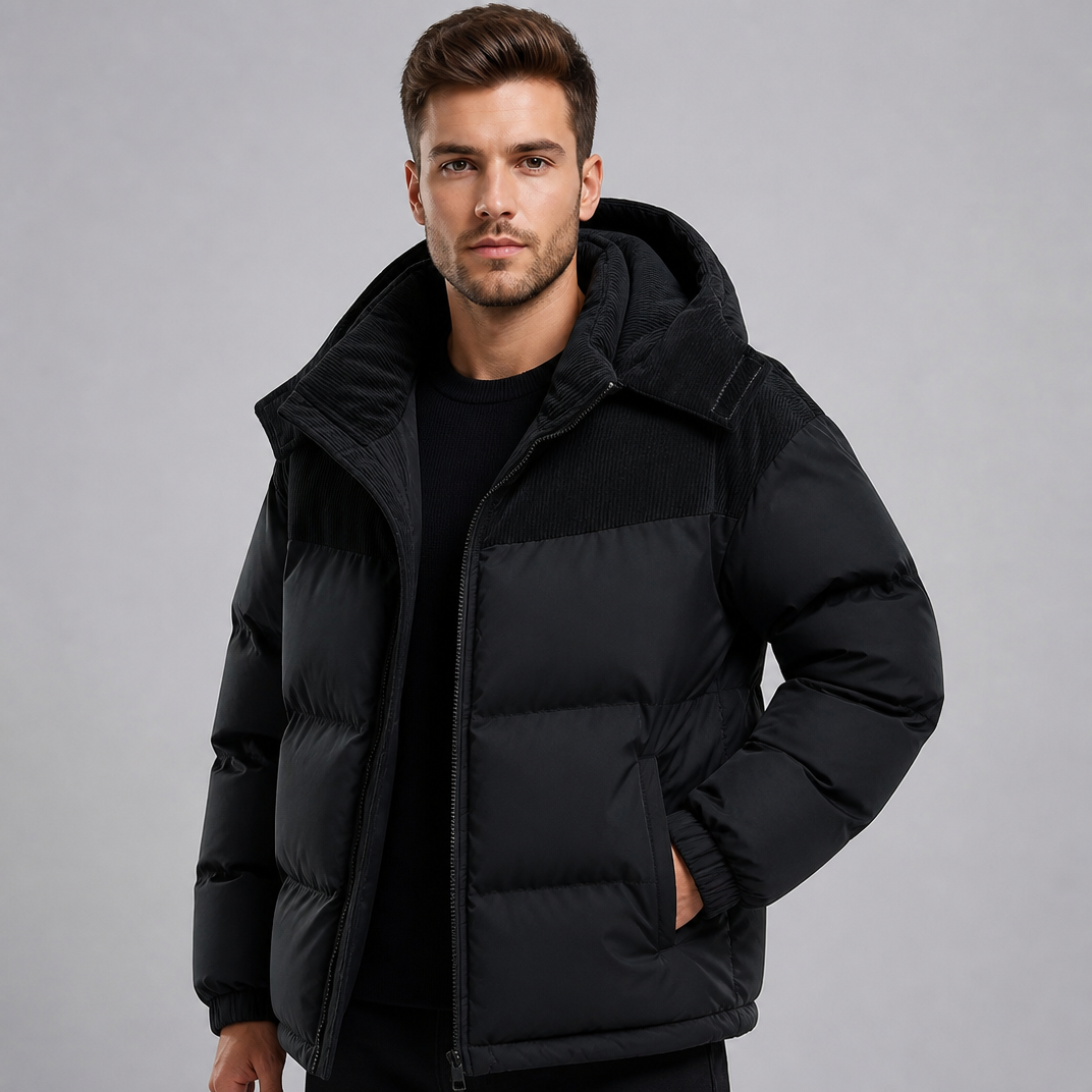 Men's Corduroy Trim Hooded Puffer Jacket