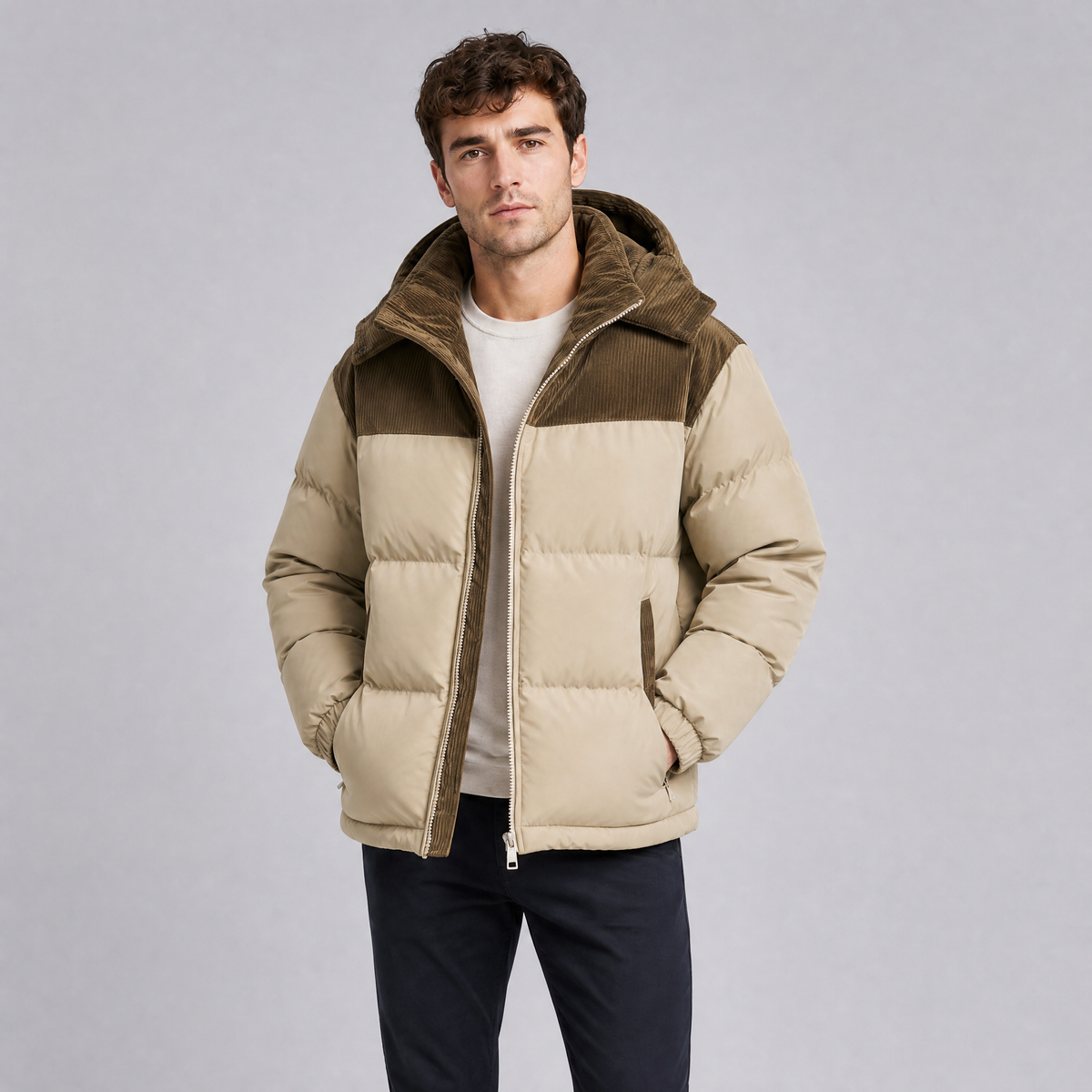 Men's Corduroy Trim Hooded Puffer Jacket