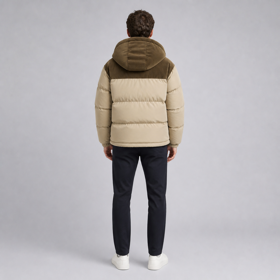 Men's Corduroy Trim Hooded Puffer Jacket