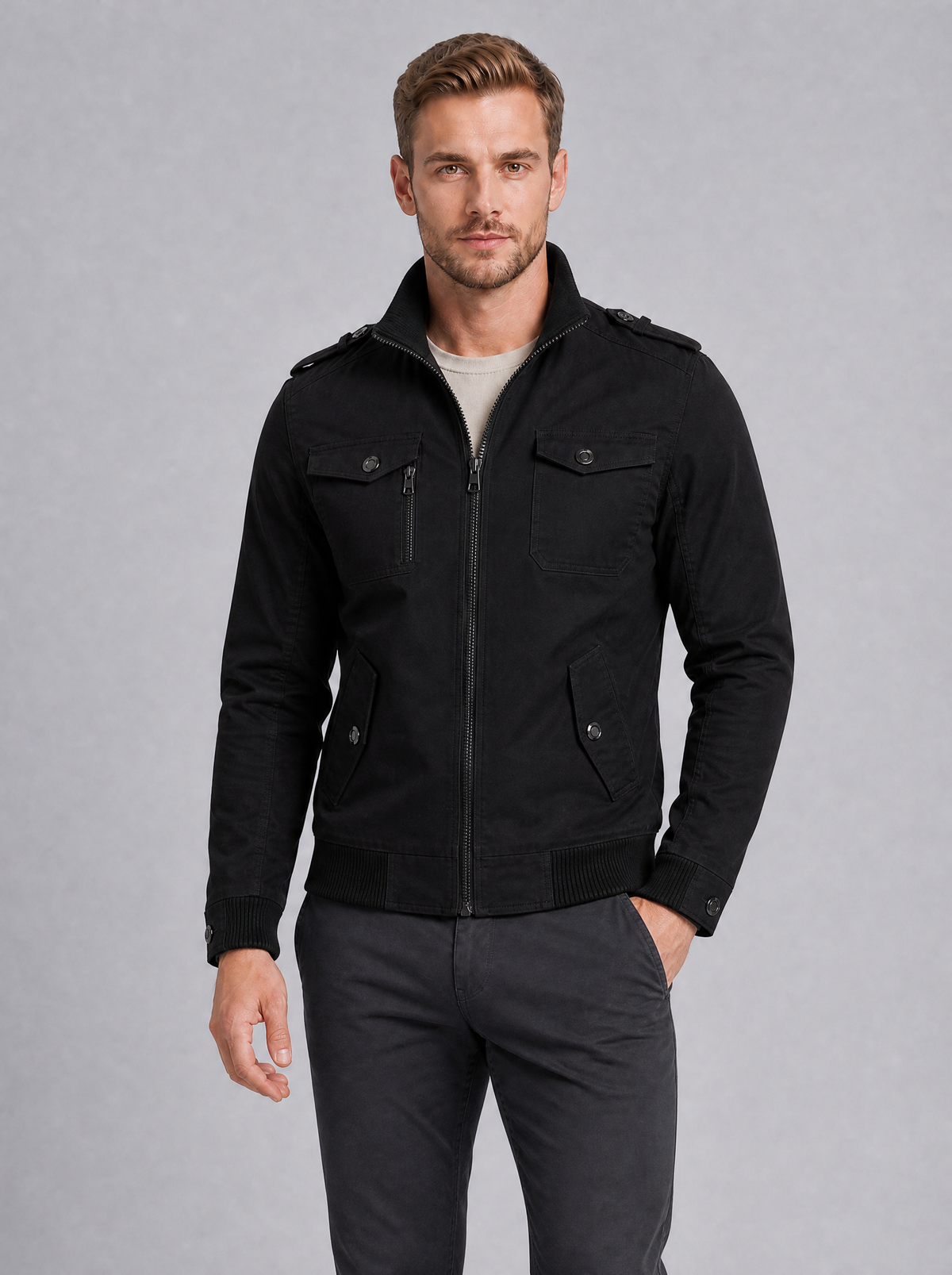 Men's Cotton Canvas Regular Epaulette Pocket Bomber Jacket - product view 5