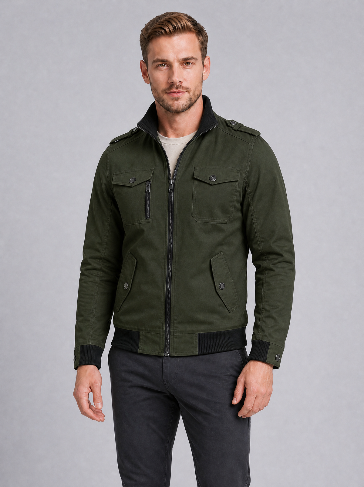 Men's Cotton Canvas Regular Epaulette Pocket Bomber Jacket - product view 6
