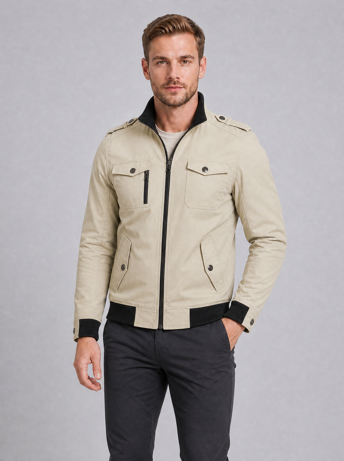 Men's Cotton Canvas Regular Epaulette Pocket Bomber Jacket - product view 8