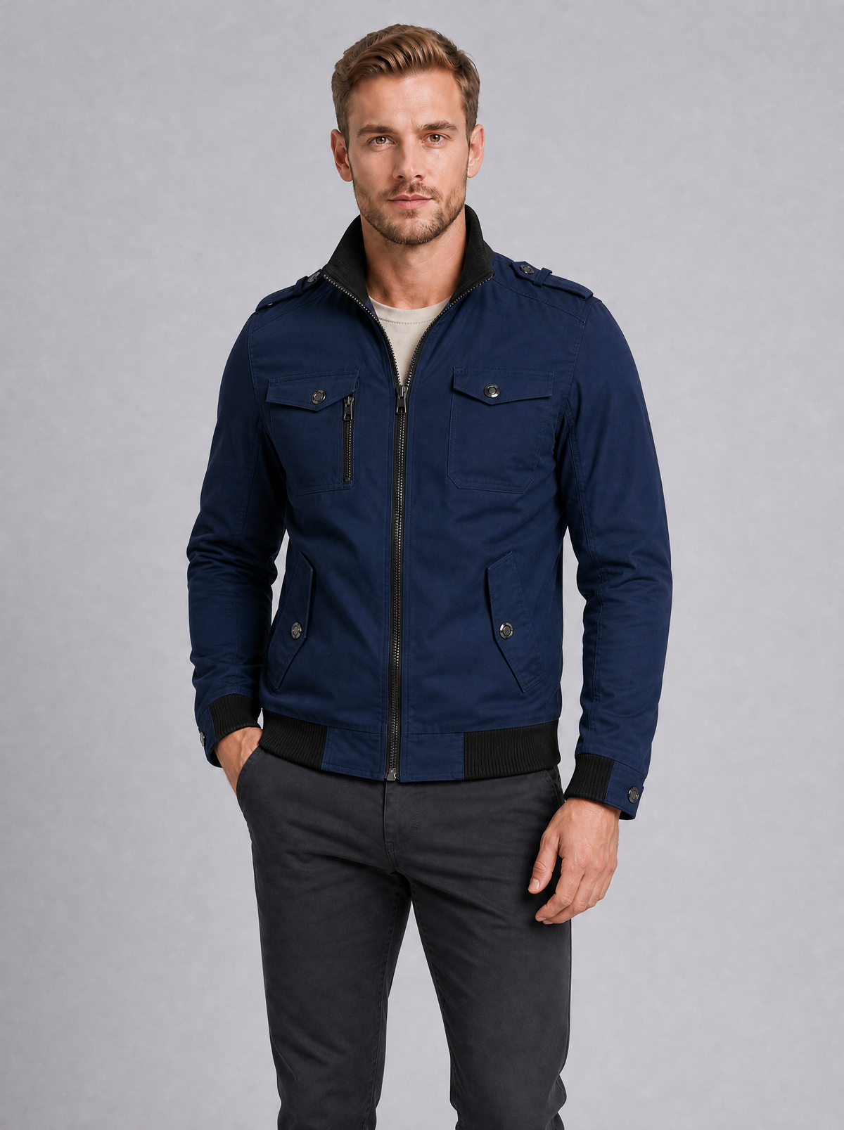 Men's Cotton Canvas Regular Epaulette Pocket Bomber Jacket - product view 7