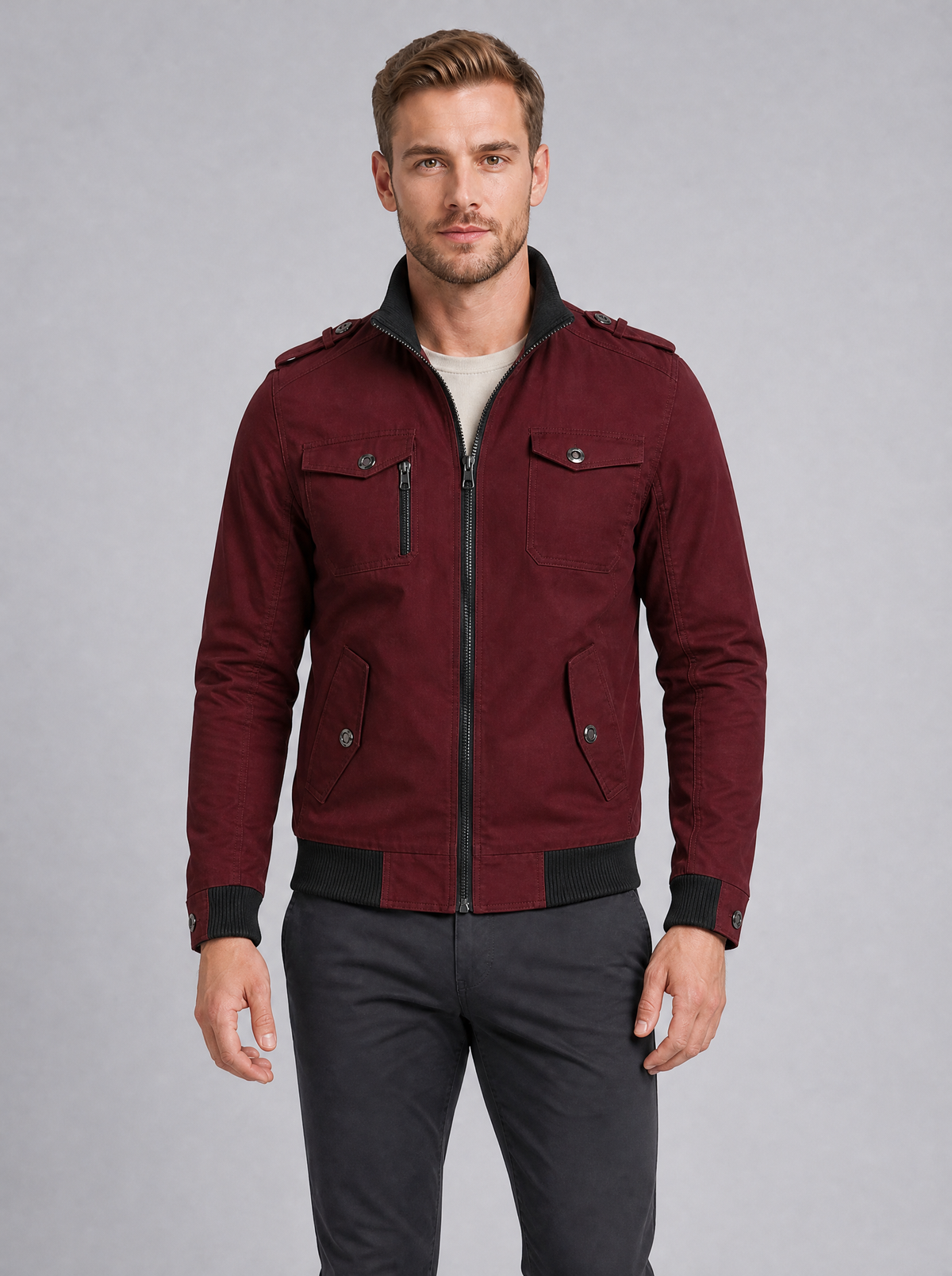 Men's Cotton Canvas Regular Epaulette Pocket Bomber Jacket - product view 3