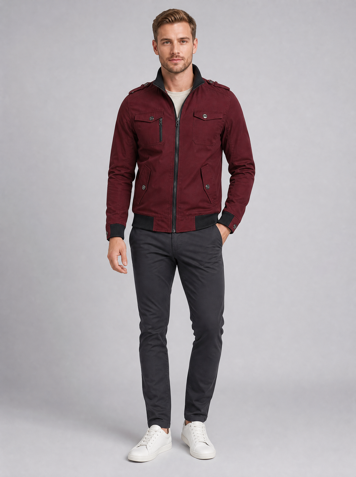 Men's Cotton Canvas Regular Epaulette Pocket Bomber Jacket - product view 1
