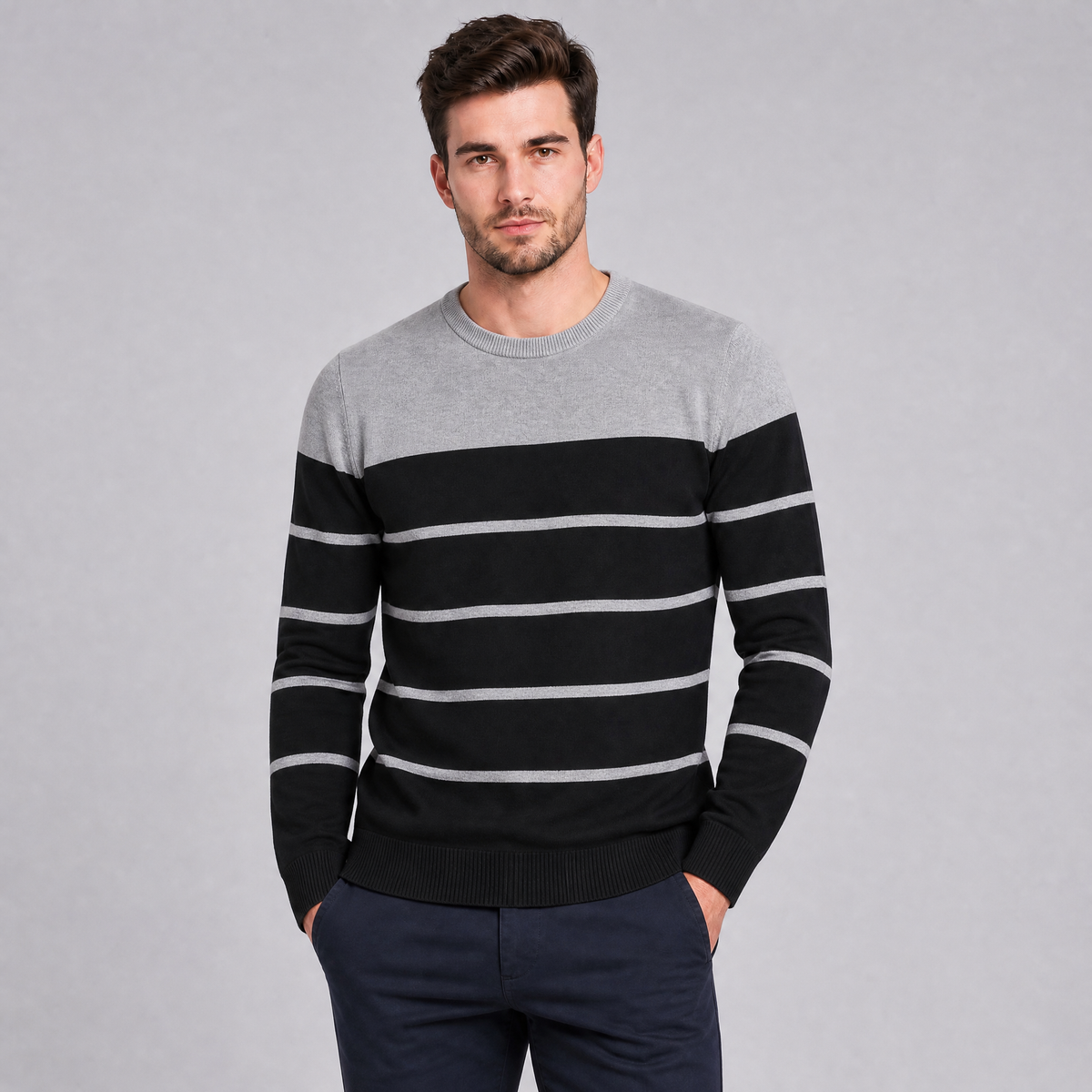 Men's Cotton Knit Slim-Fit Striped Crewneck Pullover