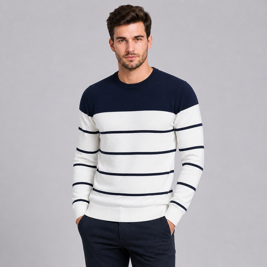 Men's Cotton Knit Slim-Fit Striped Crewneck Pullover
