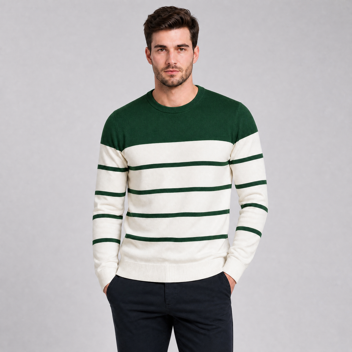 Men's Cotton Knit Slim-Fit Striped Crewneck Pullover