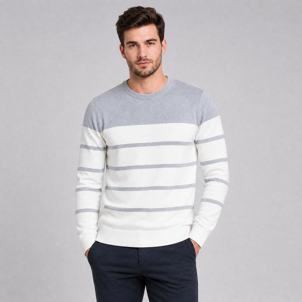 Men's Cotton Knit Slim-Fit Striped Crewneck Pullover