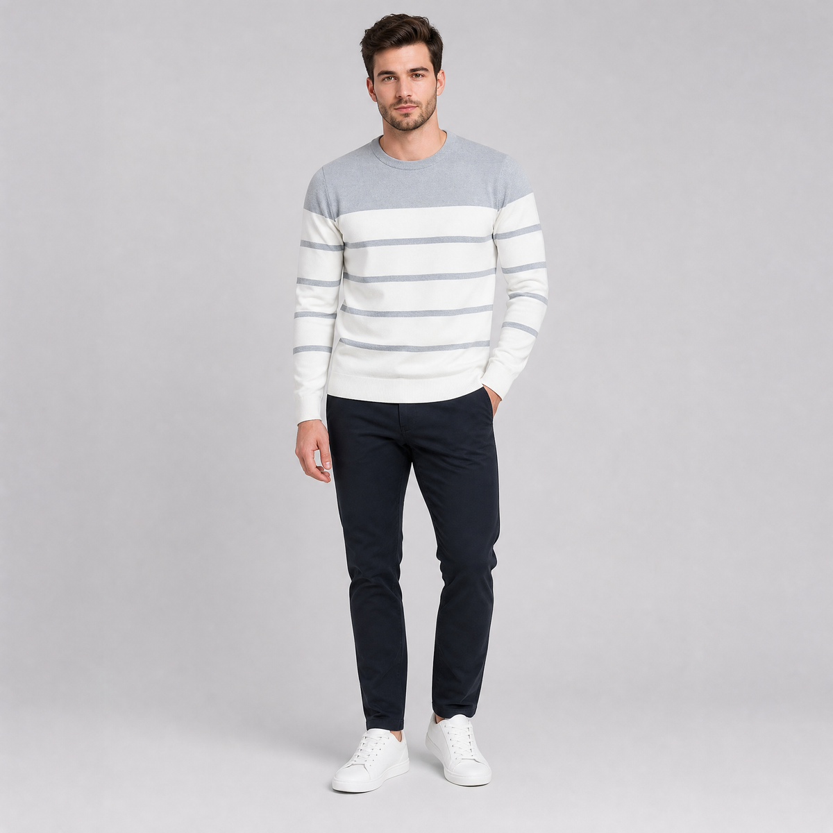 Men's Cotton Knit Slim-Fit Striped Crewneck Pullover