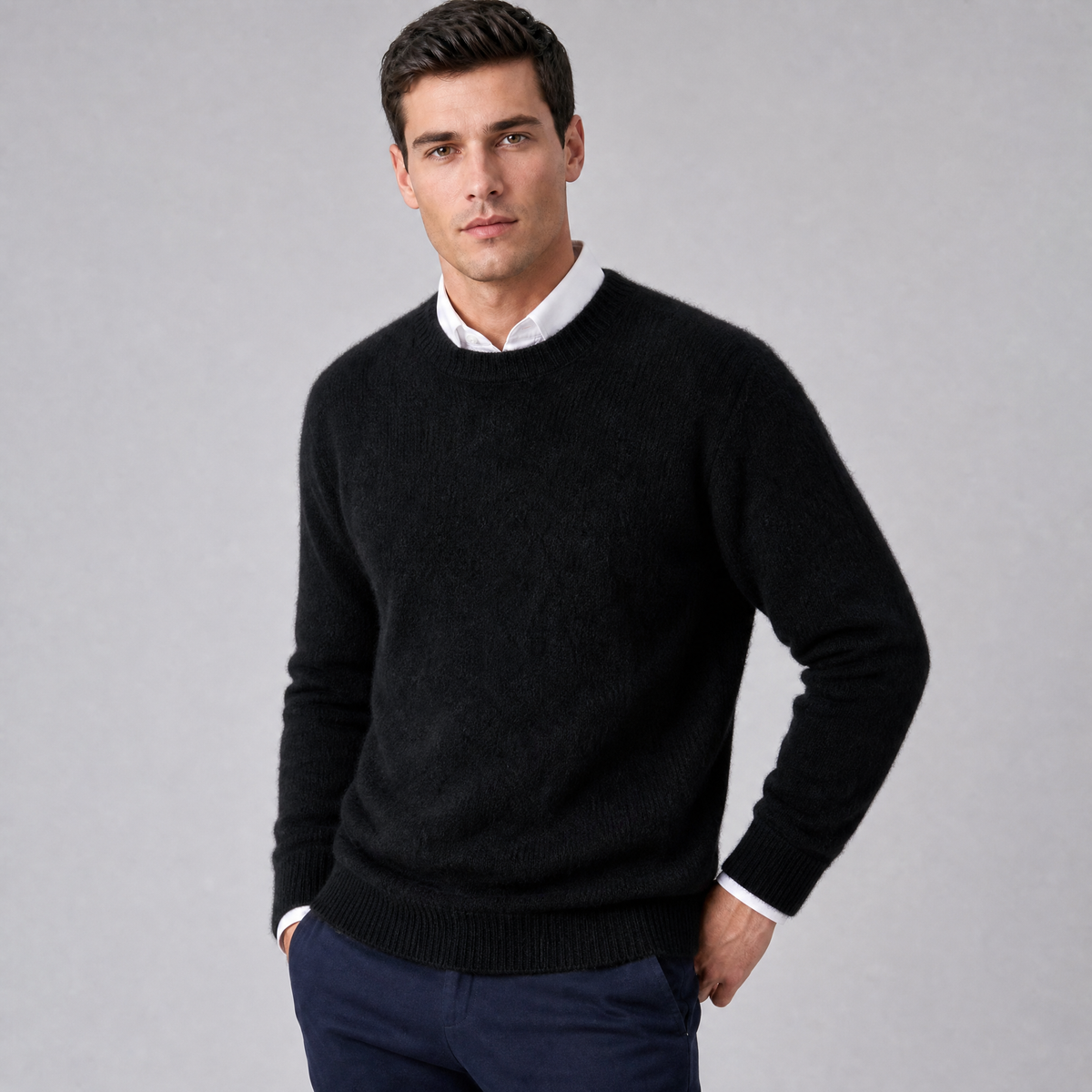 Men's Crew Neck Jumper Brushed Knit Sweater Regular Fit