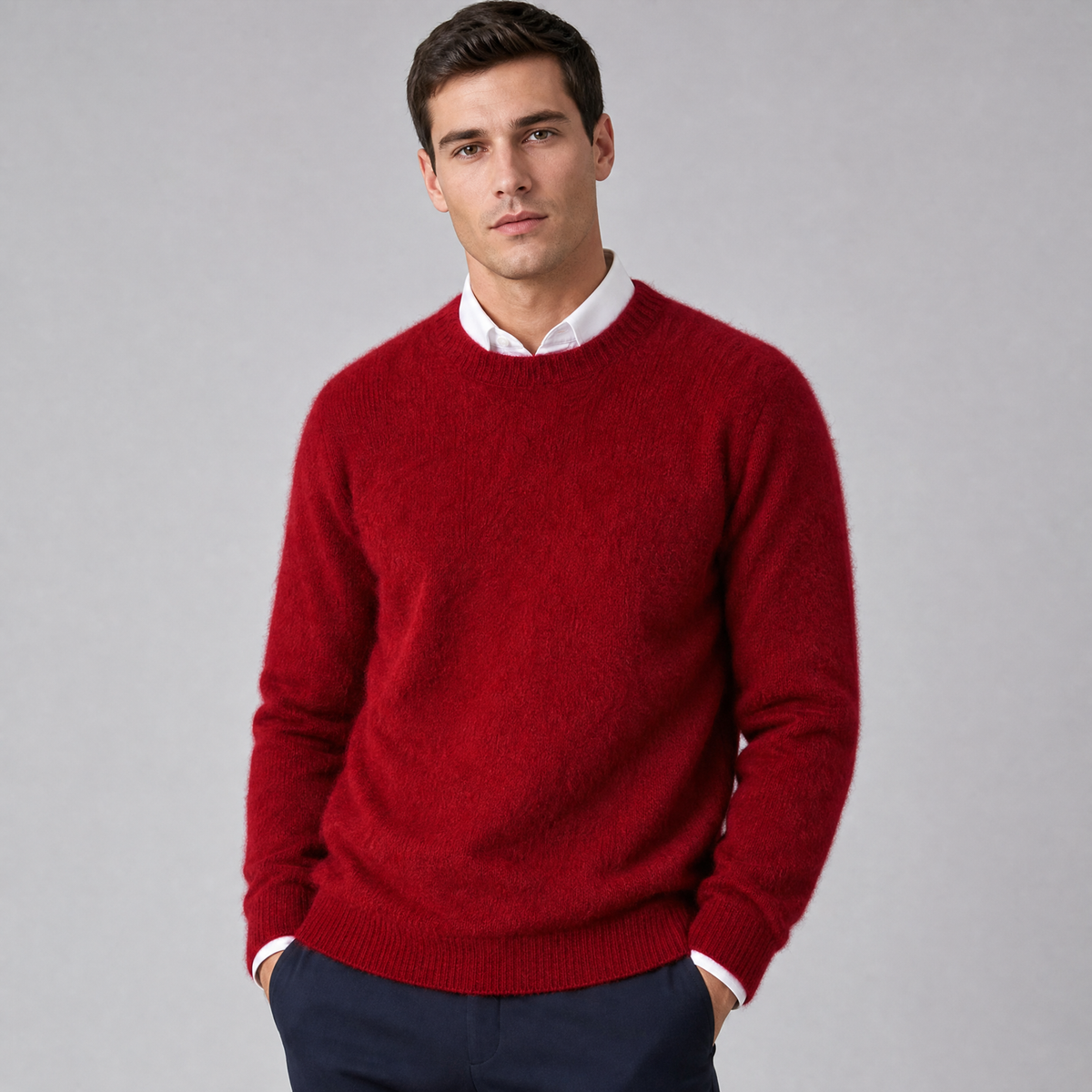 Men's Crew Neck Jumper Brushed Knit Sweater Regular Fit