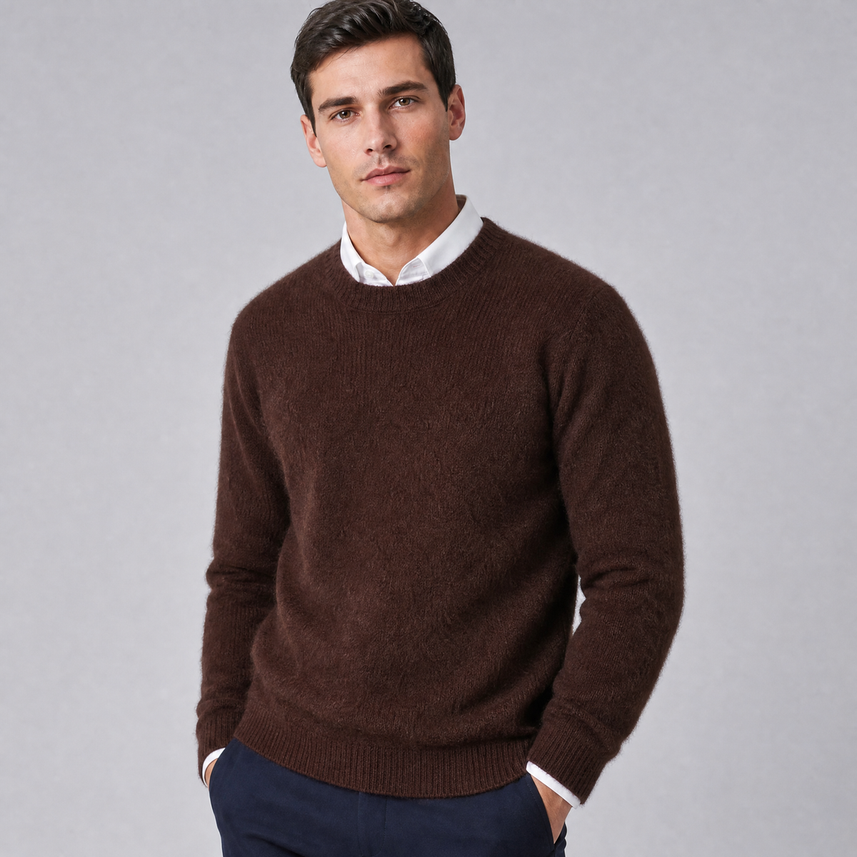 Men's Crew Neck Jumper Brushed Knit Sweater Regular Fit