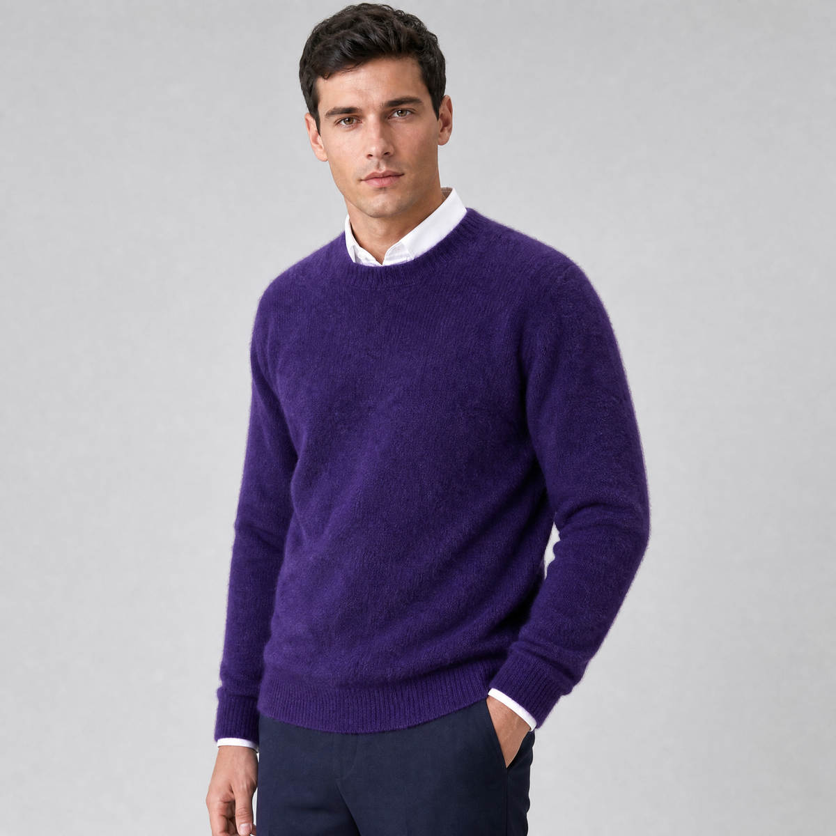 Men's Crew Neck Jumper Brushed Knit Sweater Regular Fit