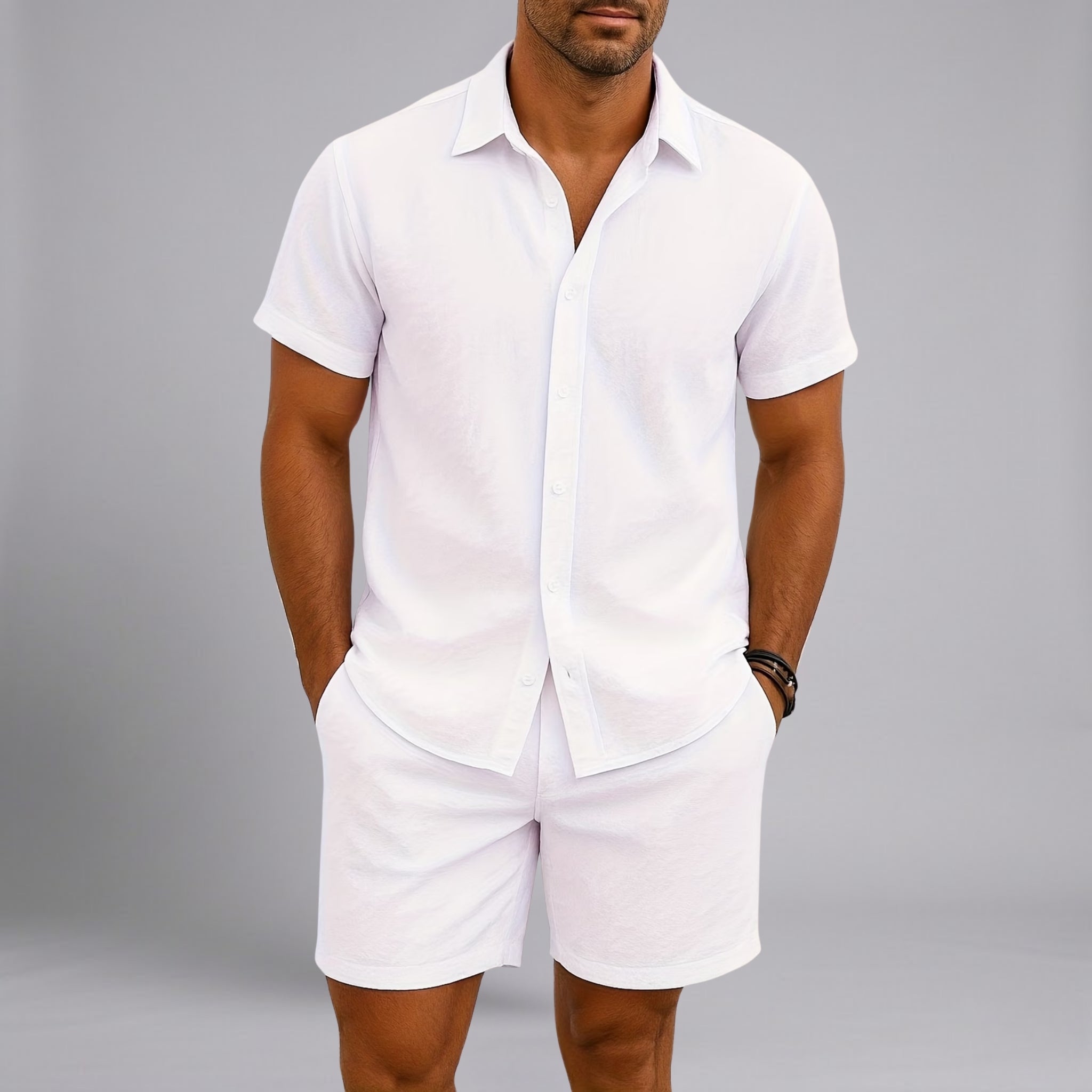 Men’s Cuban-Collar Seersucker Linen-Blend Resort Shorts Set