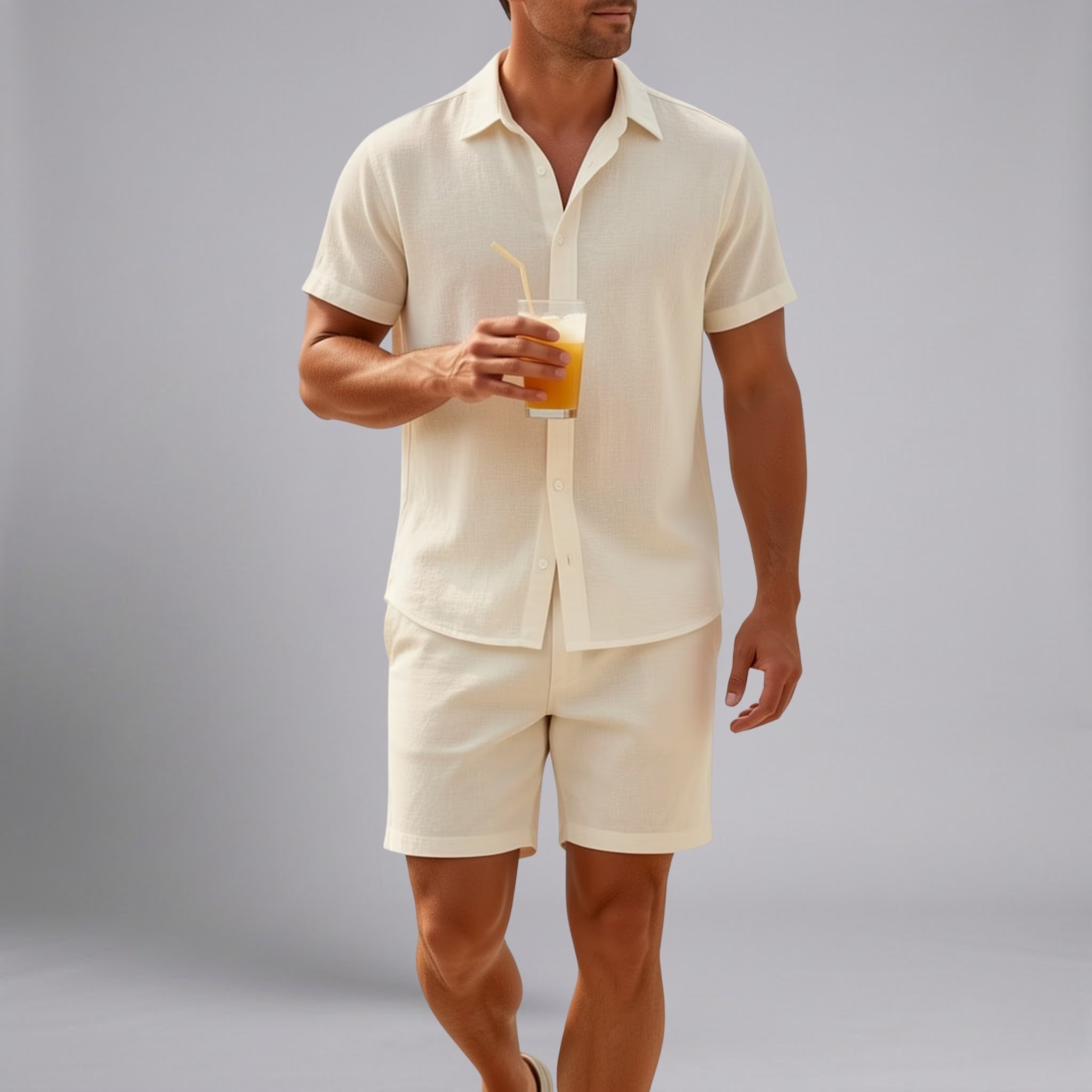 Men’s Cuban-Collar Seersucker Linen-Blend Resort Shorts Set