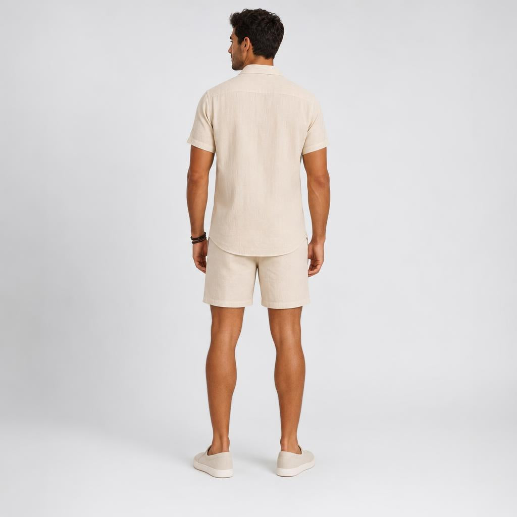 Men’s Cuban-Collar Seersucker Linen-Blend Resort Shorts Set