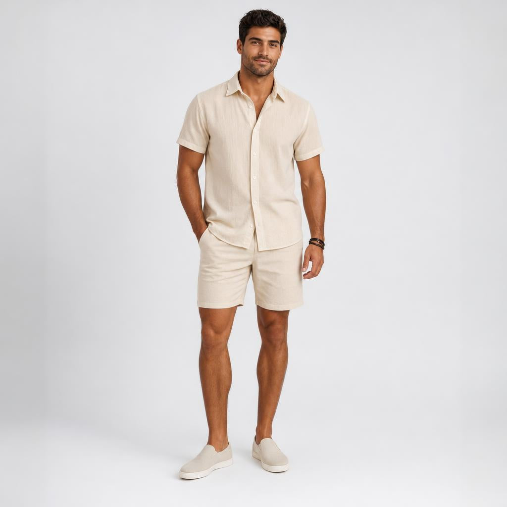 Men’s Cuban-Collar Seersucker Linen-Blend Resort Shorts Set