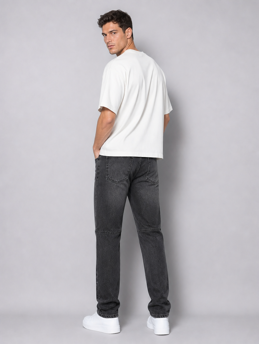 Men's Dark Grey Heavyweight Denim Straight Leg Jeans - product view 2