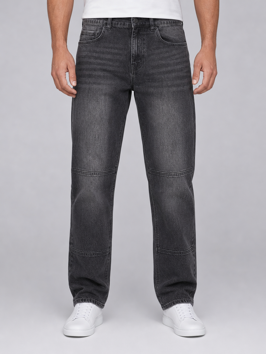 Men's Dark Grey Heavyweight Denim Straight Leg Jeans - Grey colour view