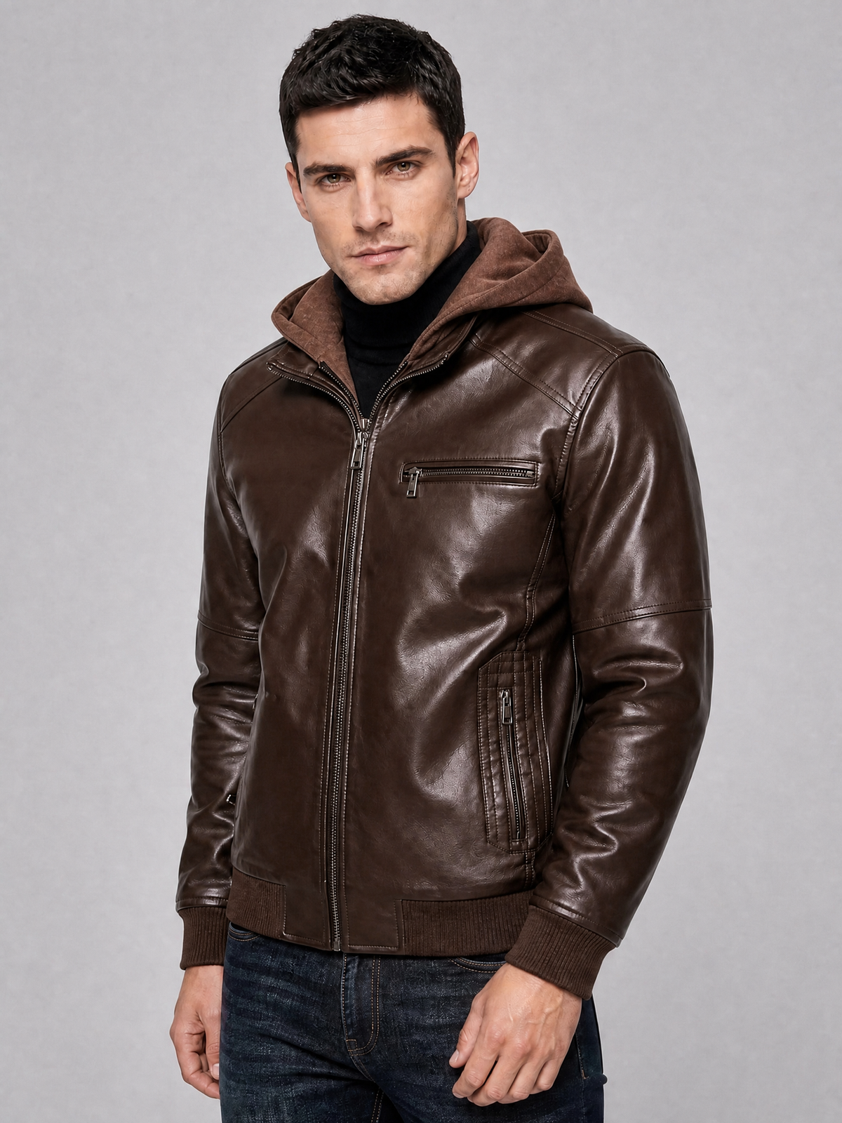 Men's Faux Leather Hooded Zip Jacket