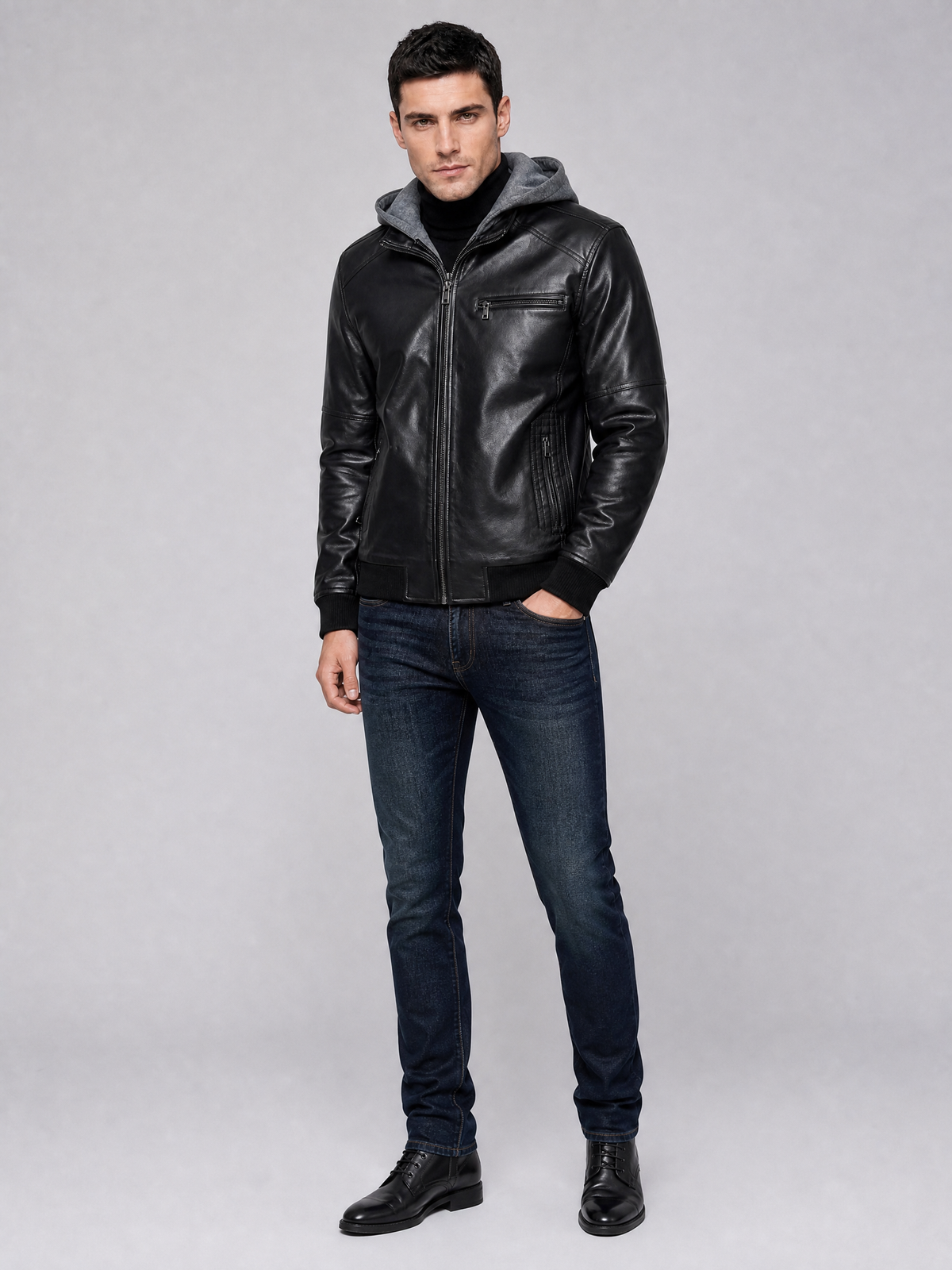 Men's Faux Leather Hooded Zip Jacket