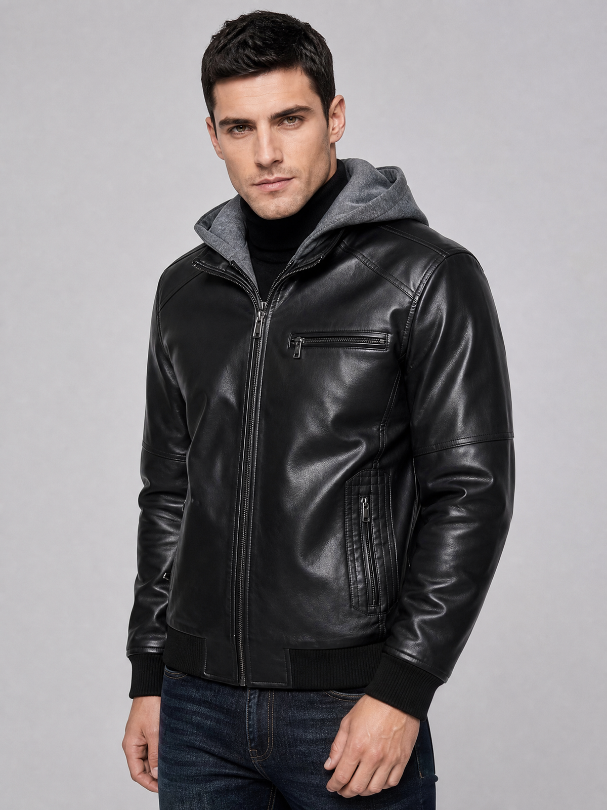 Men's Faux Leather Hooded Zip Jacket