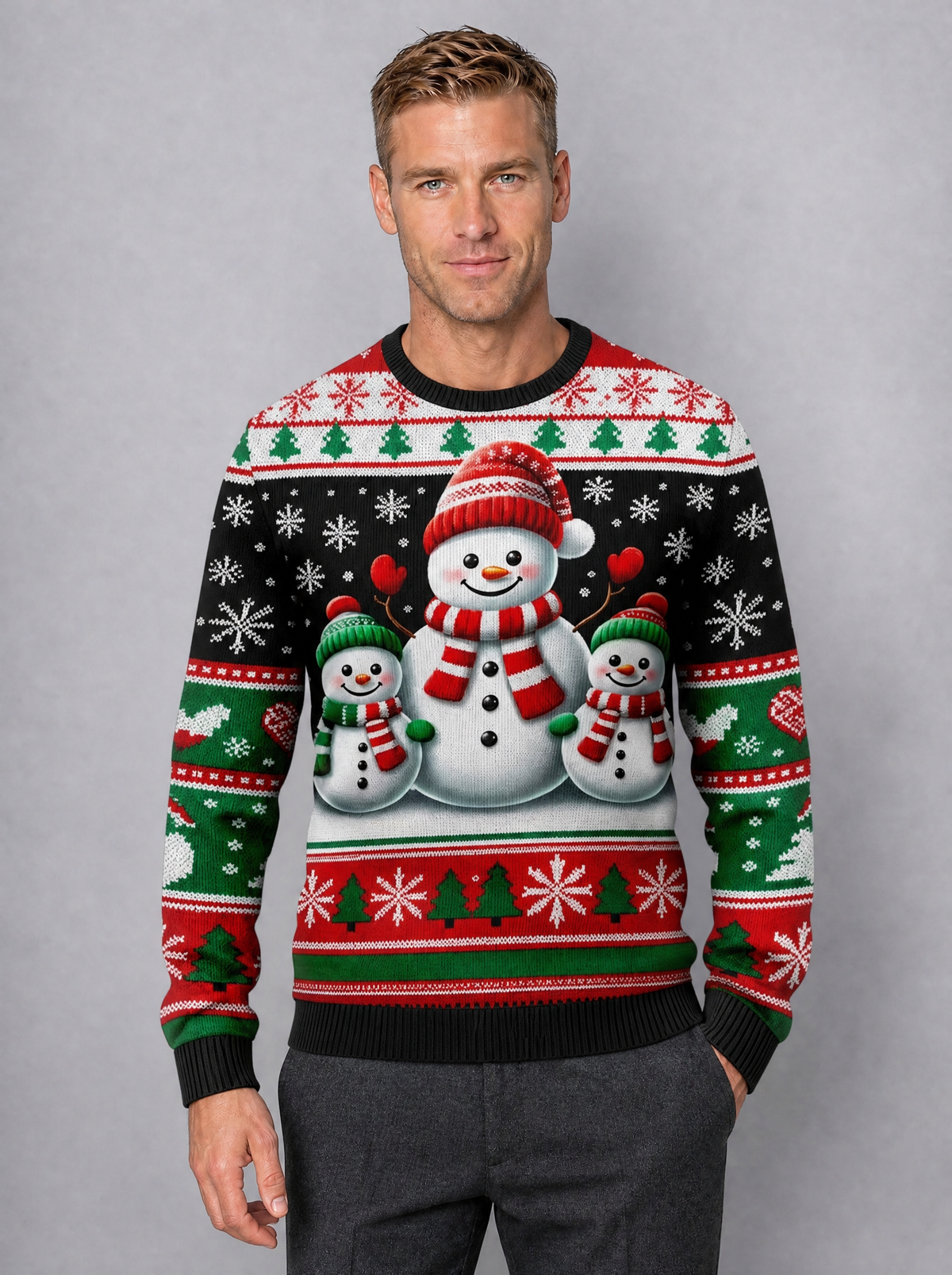 Men's Fine Knit Christmas Graphic Regular Fit Crew Neck Jumper - Red colour view