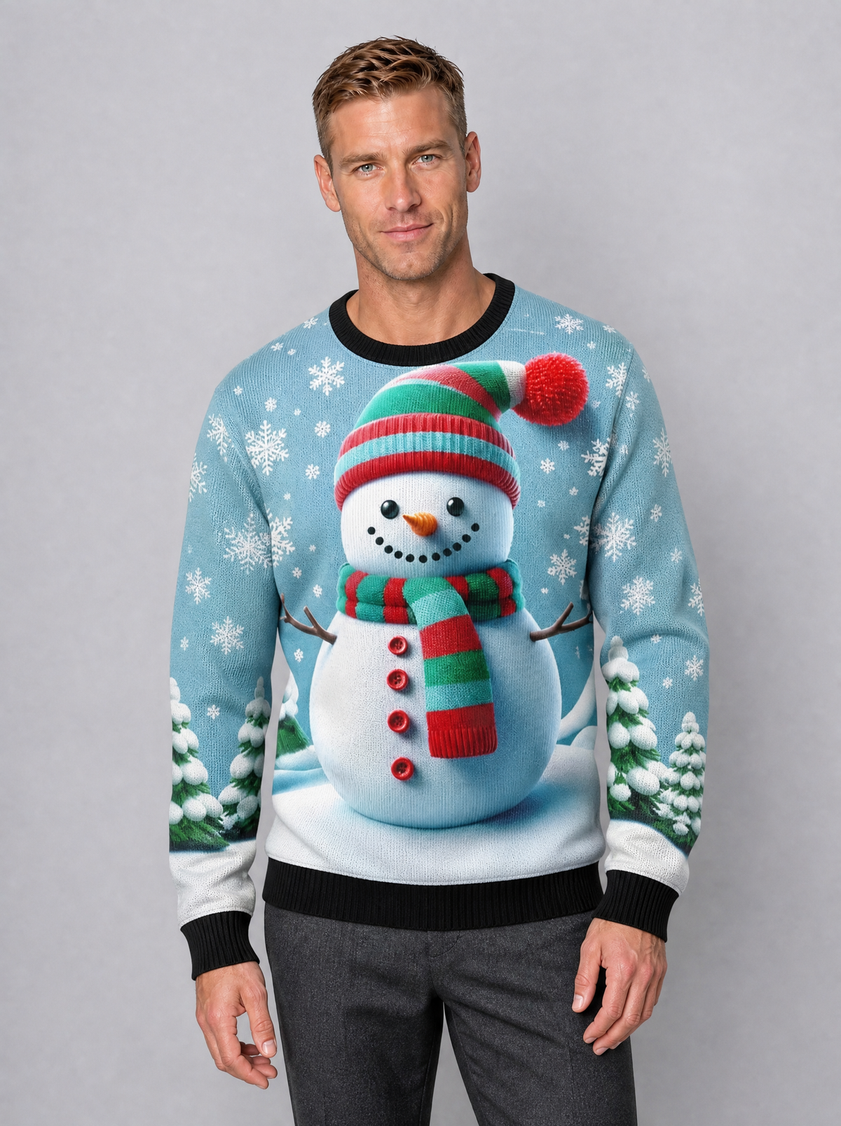 Men's Fine Knit Christmas Graphic Regular Fit Crew Neck Jumper - Light Blue colour view
