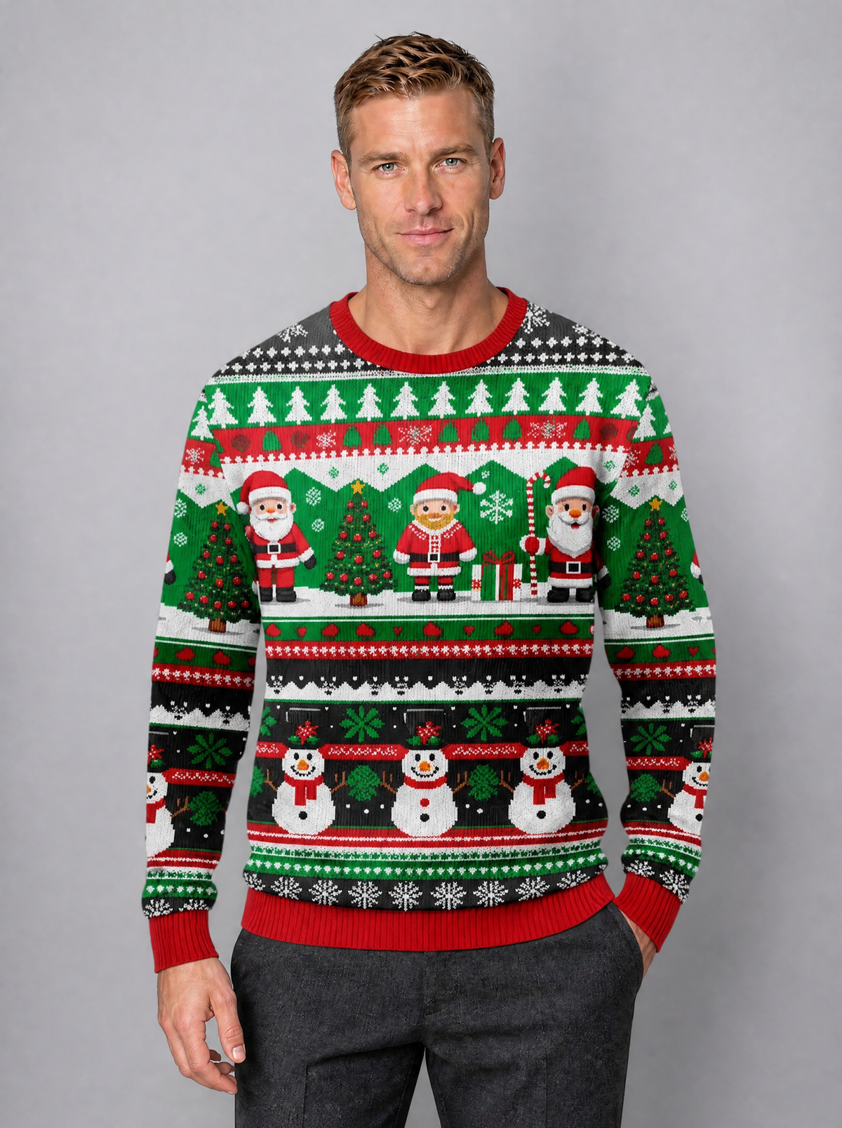 Men's Fine Knit Christmas Graphic Regular Fit Crew Neck Jumper - Green colour view