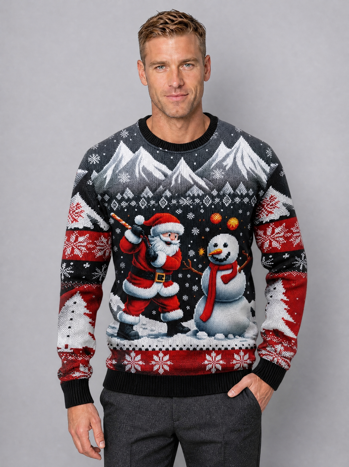 Men's Fine Knit Christmas Graphic Regular Fit Crew Neck Jumper - Black colour view