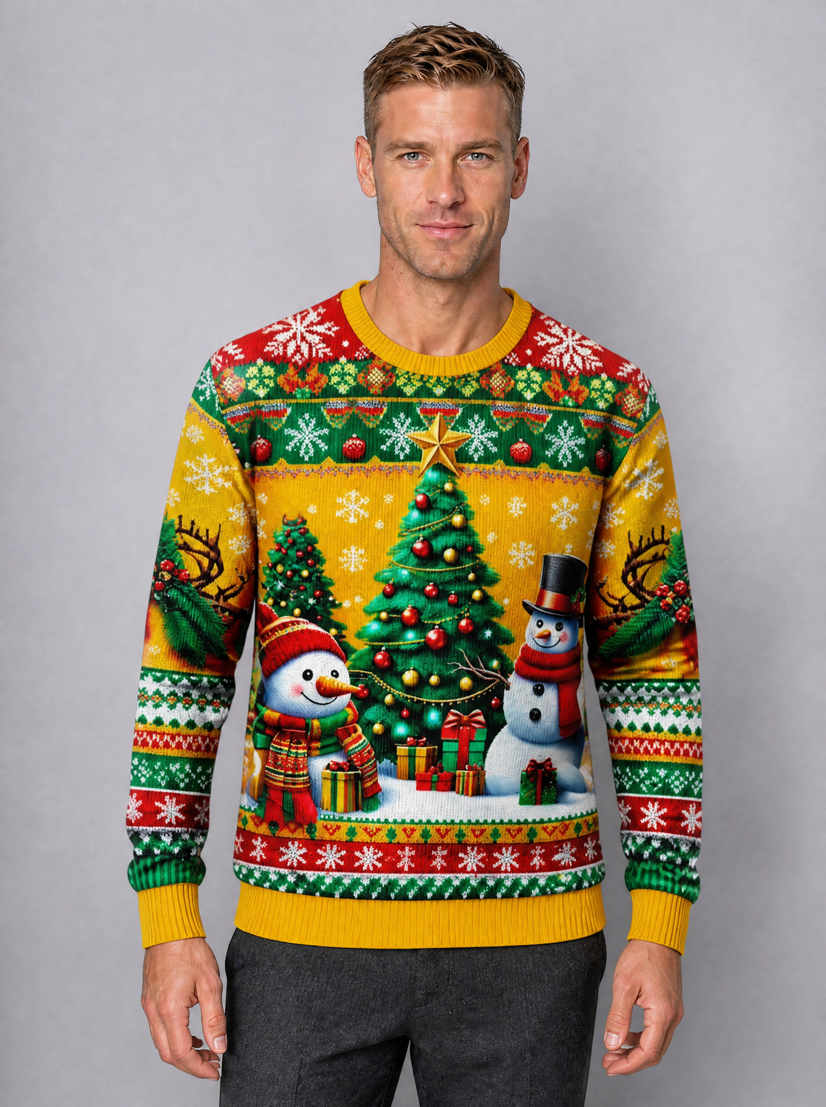 Men's Fine Knit Christmas Graphic Regular Fit Crew Neck Jumper - Yellow colour view