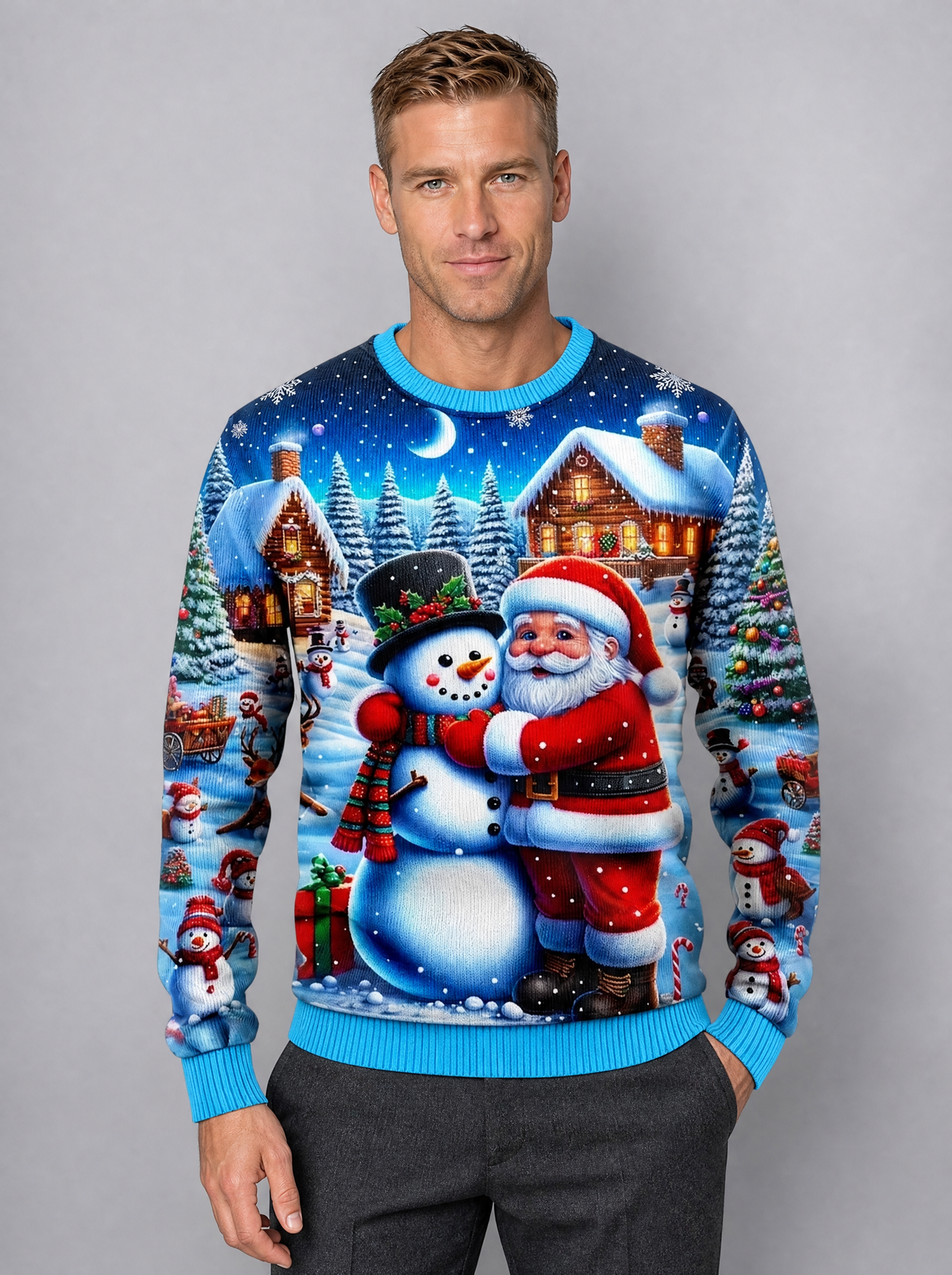 Men's Fine Knit Christmas Graphic Regular Fit Crew Neck Jumper - Blue colour view
