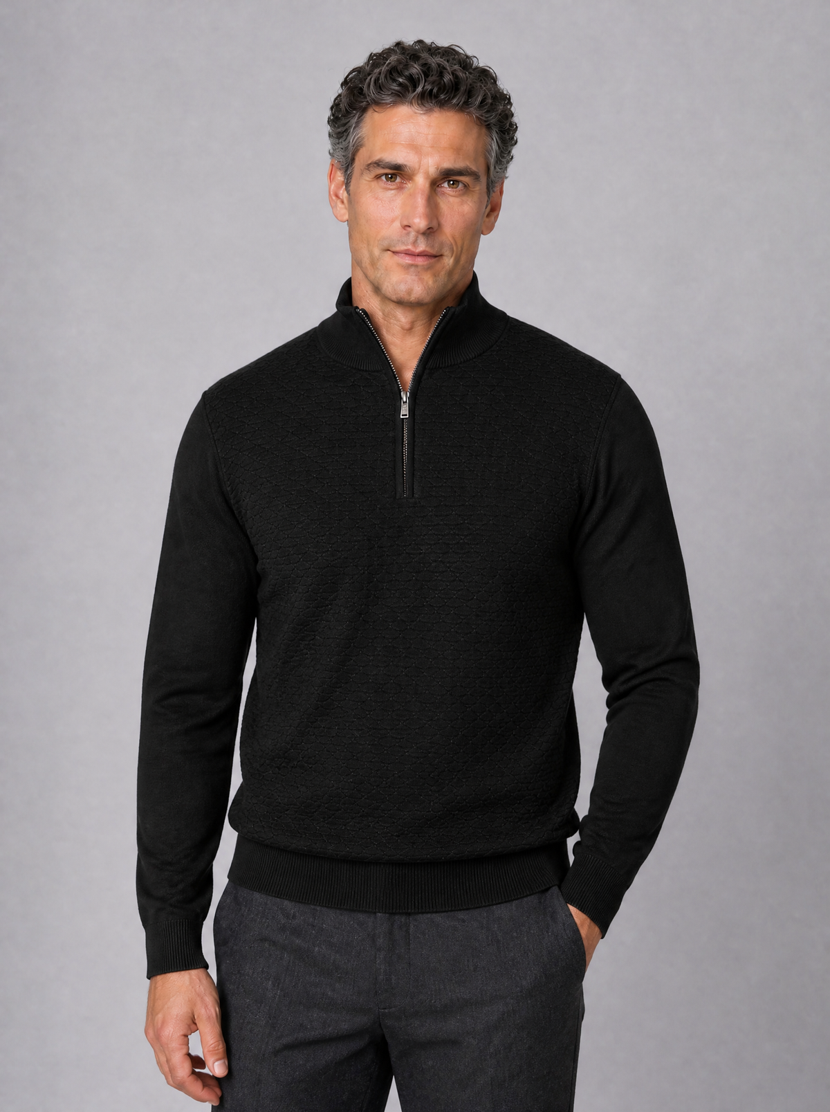 Men's Fine Knit Jacquard Regular Fit Half Zip Jumper - Black colour view