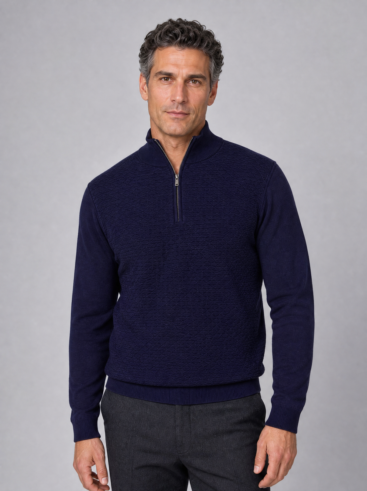 Men's Fine Knit Jacquard Regular Fit Half Zip Jumper - Navy colour view