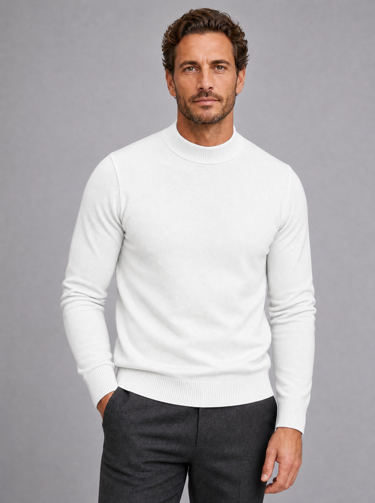 Men's Fine Knit Plain Regular Fit Mock Neck Jumper - White colour view