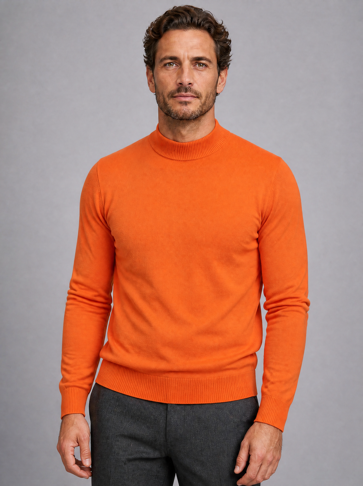 Men's Fine Knit Plain Regular Fit Mock Neck Jumper - Orange colour view