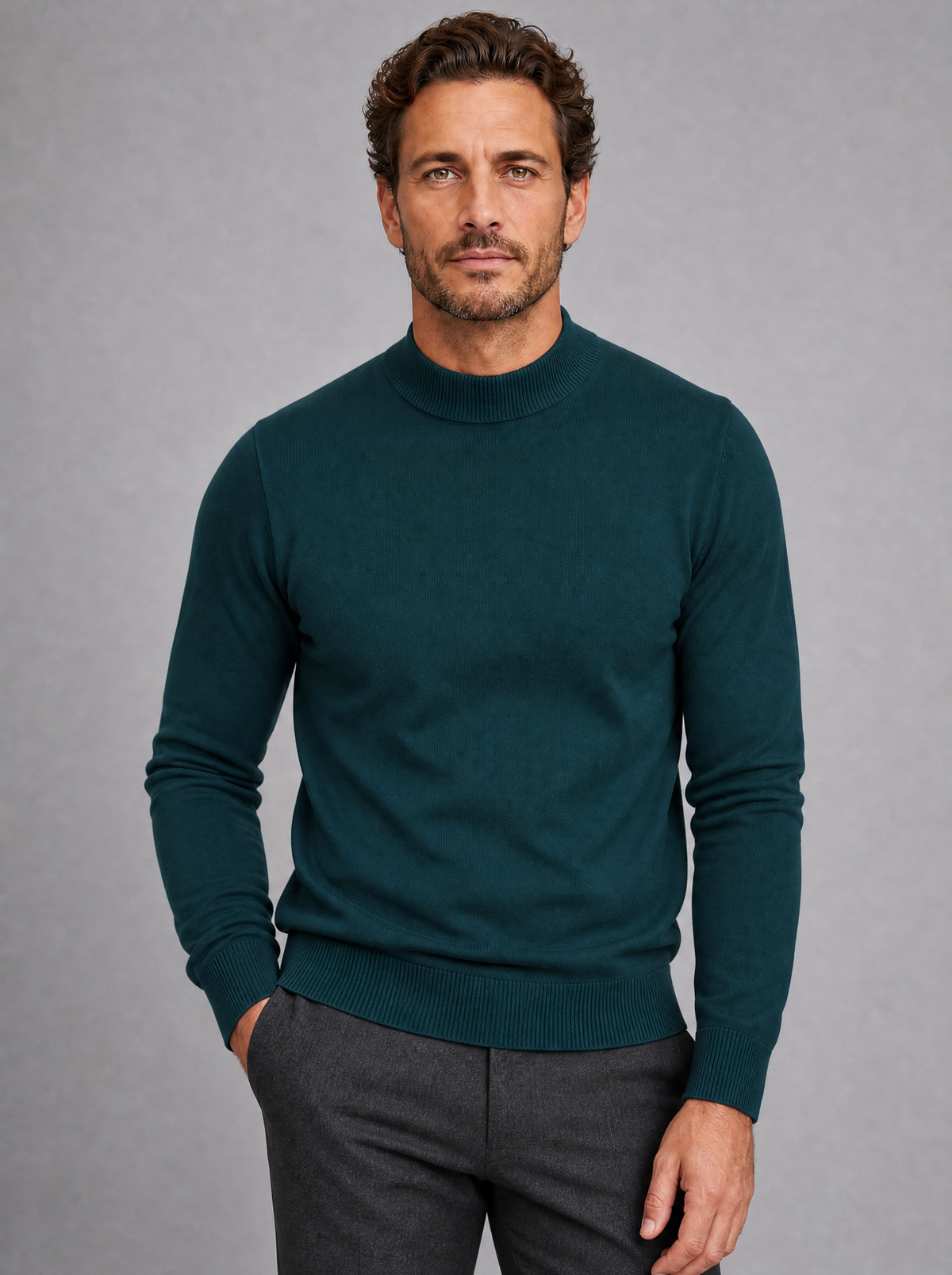 Men's Fine Knit Plain Regular Fit Mock Neck Jumper - Green colour view
