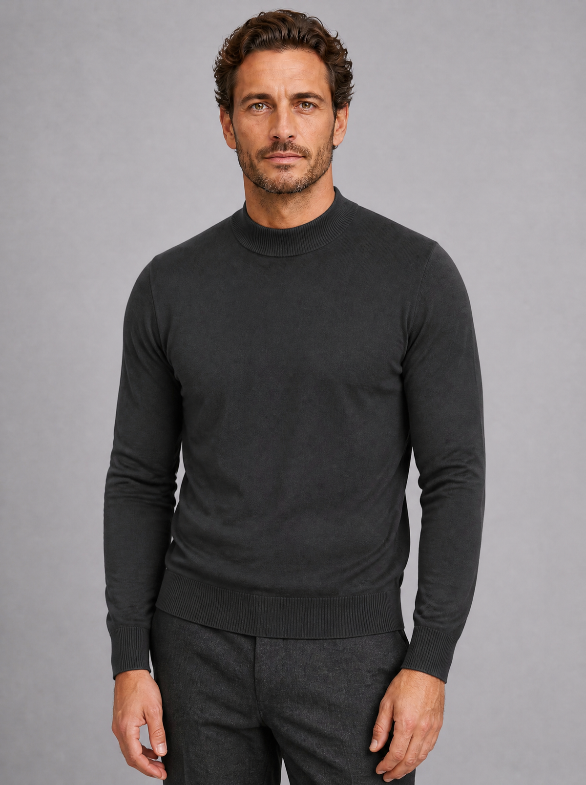 Men's Fine Knit Plain Regular Fit Mock Neck Jumper - Charcoal colour view