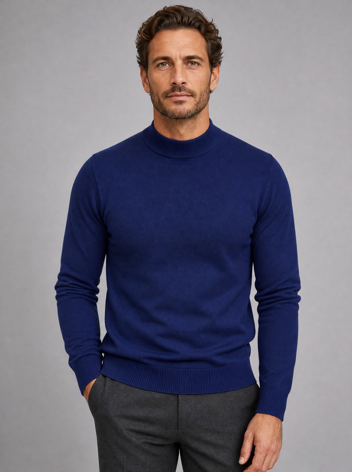 Men's Fine Knit Plain Regular Fit Mock Neck Jumper - Navy colour view