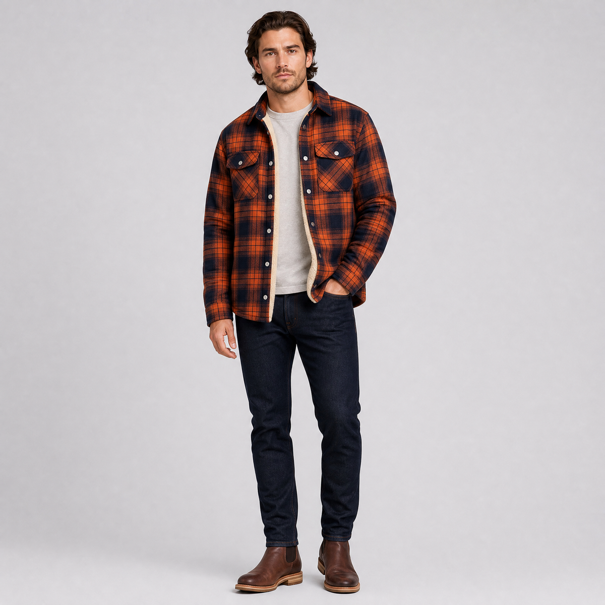 Men's Fleece-Lined Cotton Check Overshirt