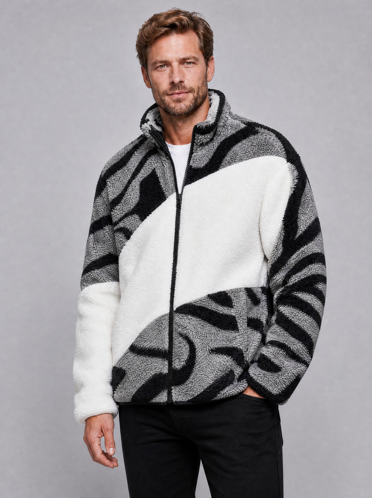 Men's Graphic Teddy Fleece Regular Fit Full Zip Fleece Jacket