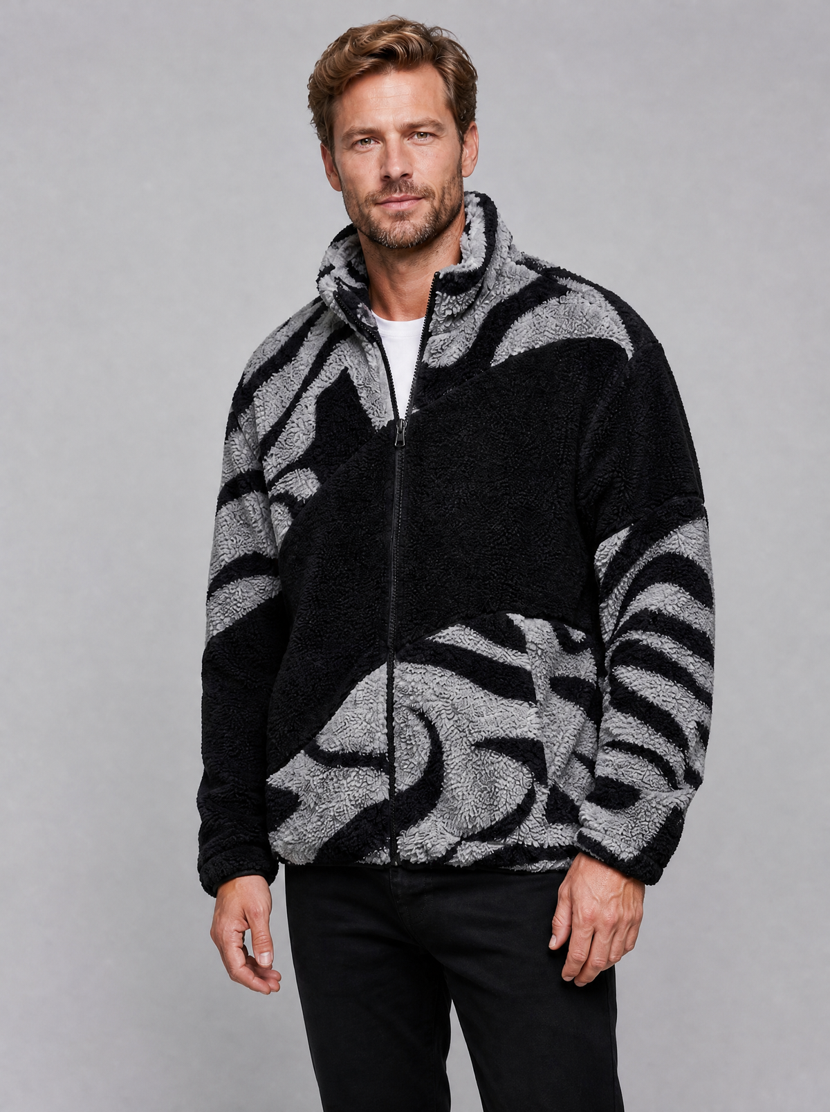 Men's Graphic Teddy Fleece Regular Fit Full Zip Fleece Jacket